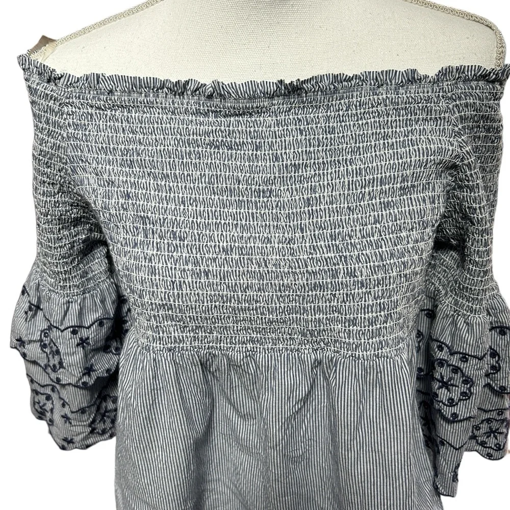 BeachLunchLounge, large, blue embroidered off the shoulder top. Cotton. - Picture 3 of 10